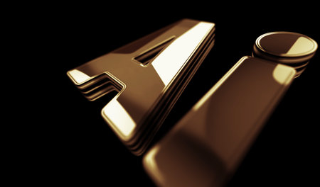 Artificial intelligence technology AI and deep learning golden metal shine symbol concept. Spectacular glowing and reflection light icon abstract object 3d illustration.の写真素材