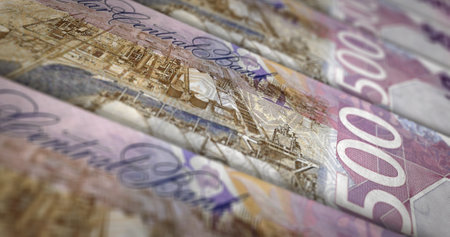 Riyal money printing 3d illustration. QAR banknote print. Concept of finance, cash, economy crisis,...