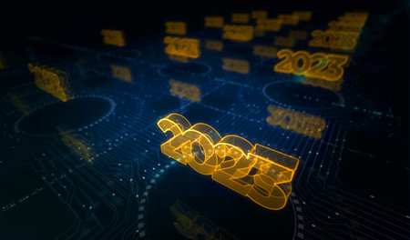2023 year futuristic new neon symbol digital concept. Network, cyber technology and computer...