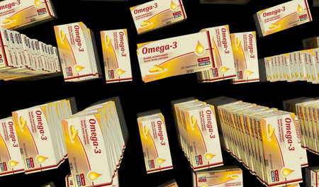Omega 3 oil tablets box production line. Healthy nutrition and diet supplement pills pack factory....