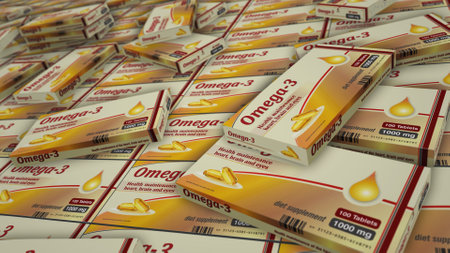 Omega 3 oil tablets box production line. Healthy nutrition and diet supplement pills pack factory. Abstract concept 3d rendering illustration.の写真素材