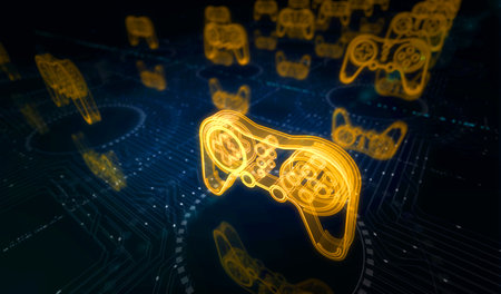 Esport retro video game pad and digital sport gaming symbol digital concept. cyber technology and computer background abstract 3d illustration.の写真素材