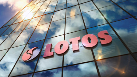 Gdansk, Poland, December 20, 2022: Lotos headquarters on glass building. Mirrored sky and city modern facade. Polish petrol oil and gas company concept 3D illustration.のeditorial素材