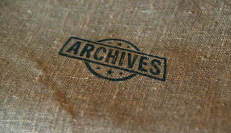 Archives stamp printed on linen sack. Storage archiving and information management concept.の写真素材