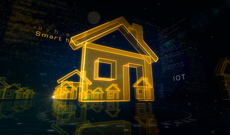 Smart home network system, house remote control and iot symbol digital concept. Network, cyber technology and computer background abstract 3d illustration.の写真素材