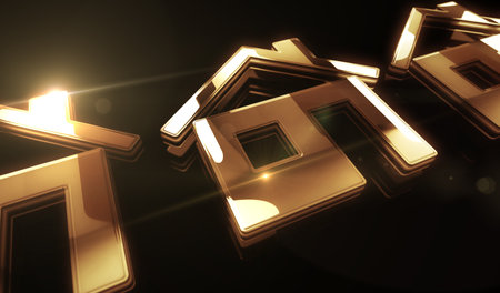 Smart home network system, house remote control and iot golden metal shine symbol concept. Spectacular glowing and reflection light icon abstract object 3d illustration.の写真素材