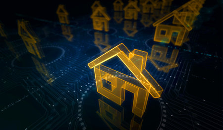 Smart home network system, house remote control and iot symbol digital concept. Network, cyber technology and computer background abstract 3d illustration.の写真素材