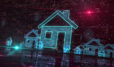 Smart home network system, house remote control and iot symbol digital concept. Network, cyber technology and computer background abstract 3d illustration.の写真素材