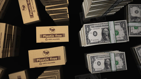 Plastic free and eco friendly box with US Dollar money bundle stacks. Recyclable and ecology industry. Abstract concept 3d illustration.の写真素材