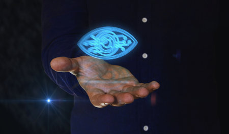 Cyber eye espionage big brother hacking spy and intelligence 3d symbol over man hand. Cyber technology icon abstract concept seamless and loopable.の写真素材