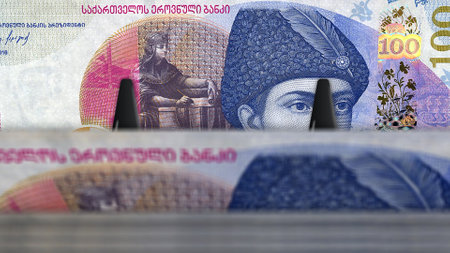 Georgia money Georgian Lari money pack 3d illustration. GEL banknote bundle stacks. Concept of...