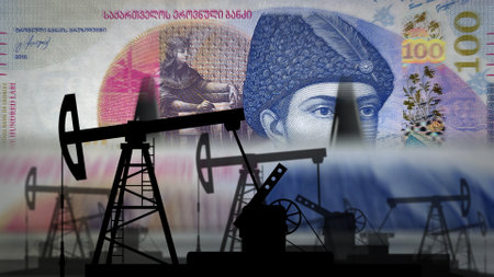 Georgia money Georgian Lari money counting machine with oil pump. Petroleum rig and fuel energy business with GEL banknotes count. Economy abstract concept background illustration 3d.の写真素材