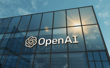 San Francisco, USA, February 15, 2023: OpenAI headquarters glass building concept. ChatGPT artificial intelligence company symbol on front facade 3d illustration.のeditorial素材