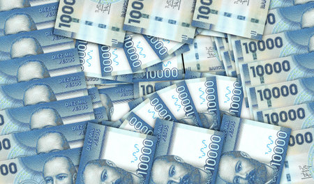 Chile Pesos banknotes in a cash fan mosaic pattern. Chilean 10000 CLP notes. Abstract concept of bank, finance, economy decorative design background 3d illustration.の写真素材