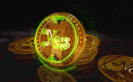 Yes or No random decision choice and gamble gold coin on green screen background. Abstract concept 3d illustration.の写真素材