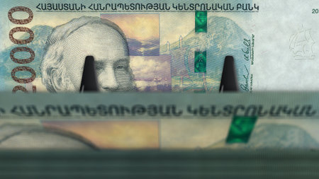 Armenia money Armenian Dram money pack 3d illustration. 20000 banknote bundle stacks. Concept of finance, cash, economy crisis, business success, recession, bank, tax and debt.の写真素材