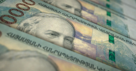 Armenian Dram money printing 3d illustration. 20000 banknote print. Concept of finance, cash, economy crisis, business success, recession, bank, tax and debt in Armenia.の写真素材