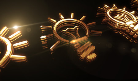 Bulb idea creative innovation and success inspiration golden metal shine symbol concept. Spectacular...