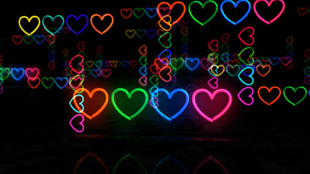 Hearts icons neon symbol. Romantic love symbol light color bulbs. Abstract concept 3d illustration.の写真素材