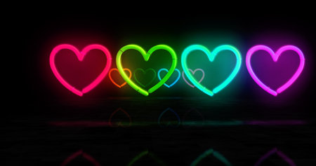 Hearts icons neon symbol. Romantic love symbol light color bulbs. Abstract concept 3d illustration.の写真素材