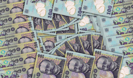 Romania Lei banknotes in a cash fan mosaic pattern. Romanian RON 100 notes. Abstract concept of...