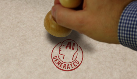 AI generated stamp and stamping hand. Artificial intelligence content and automation technology concept.の素材