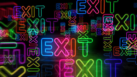 Exit neon symbol. Emergency danger and escape  light color bulbs. Abstract concept 3d illustration.の写真素材