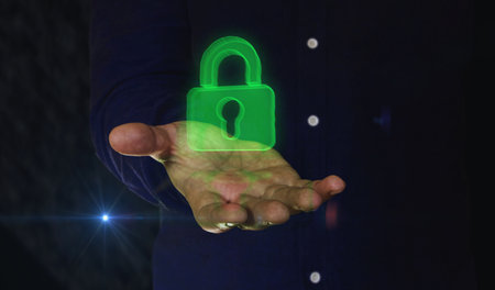 Cyber security and digital computer protection with padlock 3d symbol over man hand. Cyber technology icon abstract concept illustration.の写真素材