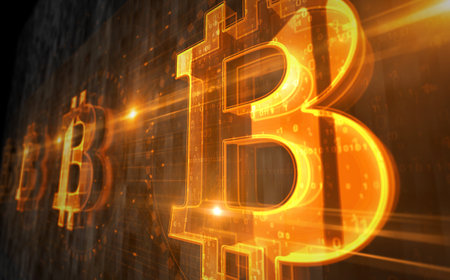 Bitcoin blockchain crypto currency and digital money symbol digital concept. Network, cyber technology sign and computer background abstract icon 3d illustration.の写真素材