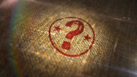 Question mark stamp printed on linen sack. Faq help query and answer concept.の写真素材
