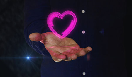 Heart love health ai tech code and cyber dating 3d symbol over man hand. Cyber technology icon...