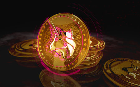 Uniswap Uni cryptocurrency gold coin on green screen background. Abstract concept 3d illustration.の写真素材