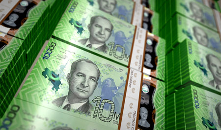 Costa Rica money Costa Rican Colon money pack 3d illustration. 10000 CRC banknote bundle stacks....