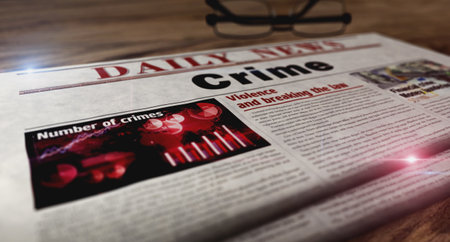 Crime investigation forensic and justice daily newspaper on table. Headlines news abstract concept 3d illustration.の写真素材