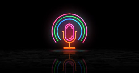 Microphone podcast neon symbol. Audio music on air broadcast symbol light color bulbs. Abstract concept 3d illustration.の写真素材