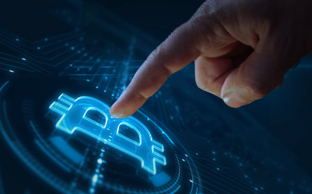 Bitcoin blockchain crypto currency and digital money symbol digital concept. Network, cyber...