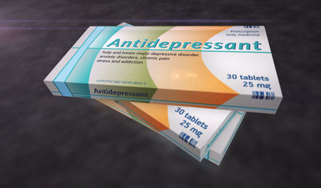 Antidepressant tablets box production line. Psychotropic drug for stress anxiety and depression...