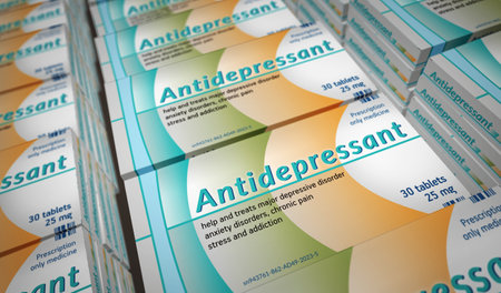 Antidepressant tablets box production line. Psychotropic drug for stress anxiety and depression pills pack factory. Abstract concept 3d rendering illustration.の写真素材