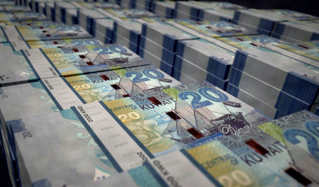 Kuwaiti Dinar money printing 3d illustration. 20 KWD banknote print. Concept of finance, cash,...