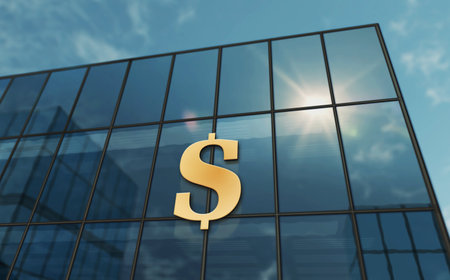 Dollar symbol USD money glass building concept. Bank economic finance and banking symbol on front facade 3d illustration.の写真素材