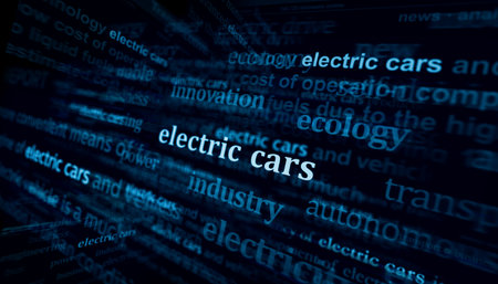 Electric cars EV clean and sustainable transport and green energy headline news across international media. Abstract concept of news titles on noise displays. TV glitch effect 3d illustration.の写真素材