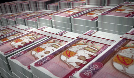 Myanmar money Burma Kyat money pack 3d illustration. 5000 MMK banknote bundle stacks. Concept of...