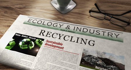 Recycling ecology environment and sustainable economy daily newspaper on table. Headlines news abstract concept 3d illustration.の写真素材