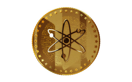 Cosmos ATOM cryptocurrency isolated gold coin on green screen background. Abstract concept 3d illustration.の写真素材