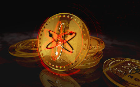 Cosmos ATOM cryptocurrency gold coin on green screen background. Abstract concept 3d illustration.