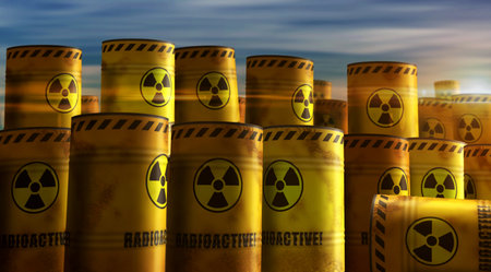Nuclear radioactive waste barrels in row concept. Danger radiation pollution industrial containers 3d illustration.の写真素材