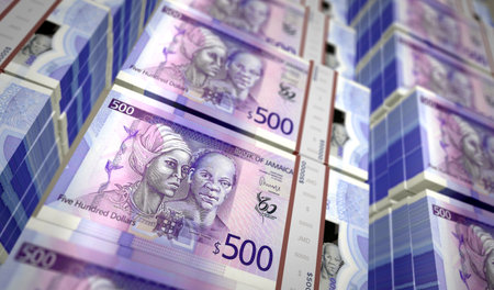 Jamaica money Jamaican Dollar money pack 3d illustration. 500 JMD banknote bundle stacks. Concept of...