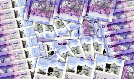 Jamaica Dollar banknotes in a cash fan mosaic pattern. Jamaican JMD 500 money notes. Abstract...