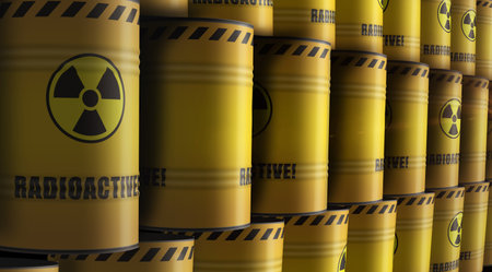 Nuclear radioactive waste barrels in row concept. Danger radiation pollution industrial containers 3d illustration.の写真素材