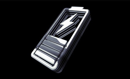 Battery charging energy and recharge power golden metal shine symbol concept. Spectacular glowing...